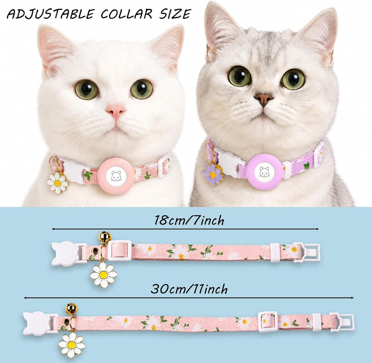 Two cats wearing adjustable pink floral pet collars are shown at the top, with text reading 'ADJUSTABLE COLLAR SIZE' and size options 18cm/7inch and 30cm/11inch on a light blue panel below at Pet Servo