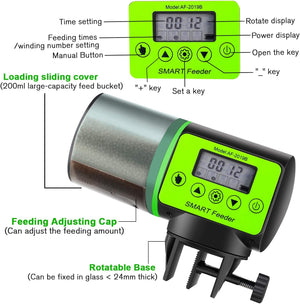 Smart feeder with digital display and various features labeled on a white background at Pet Servo