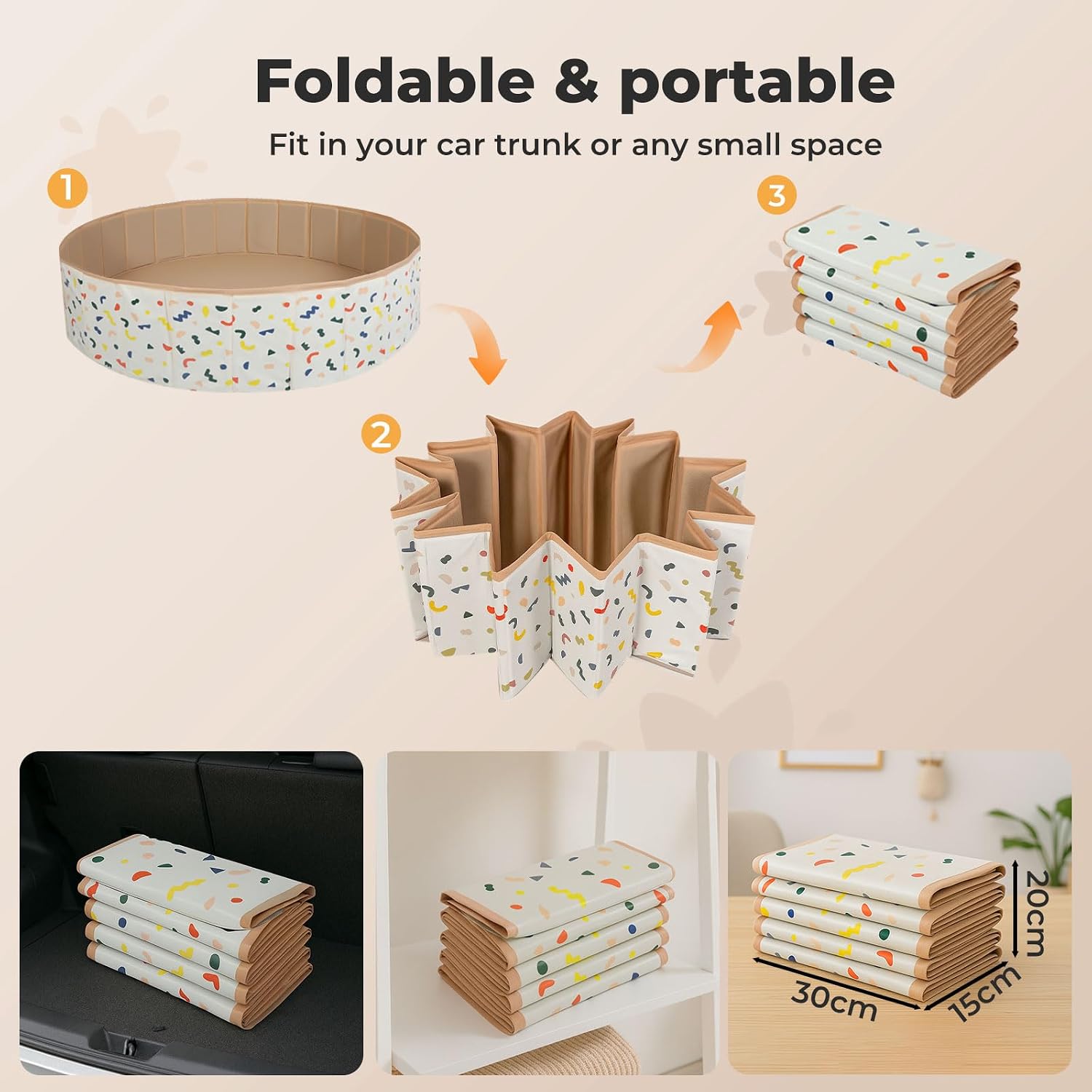Foldable and portable product with text indicating it fits in car trunks or small spaces.