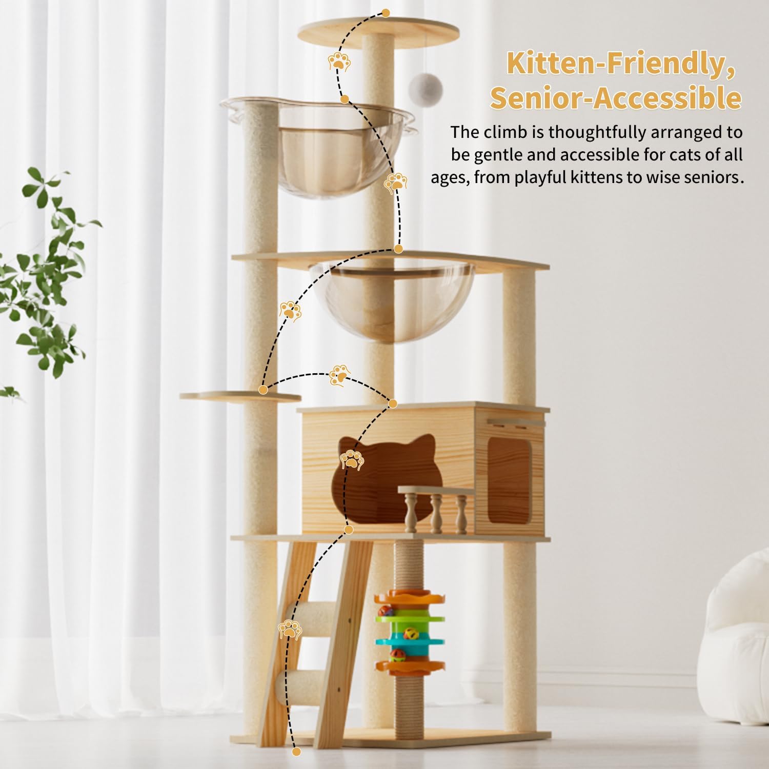 Wooden cat tree with multiple levels and perches on a white background at Pet Servo