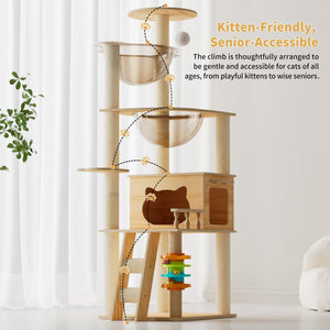 Wooden cat tree with multiple levels and perches on a white background at Pet Servo