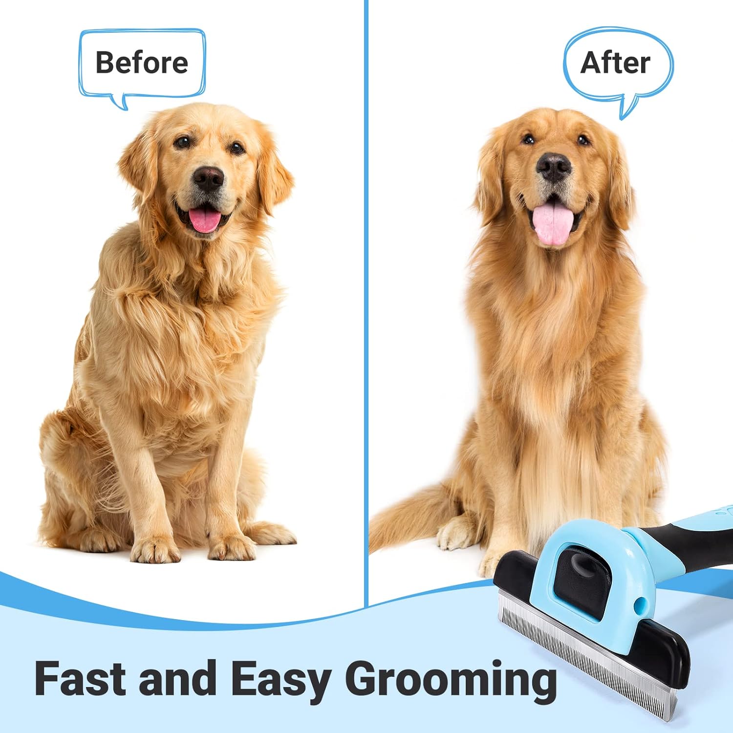 Before and after comparison of a dog with grooming tool, showing improved coat condition at Pet Servo