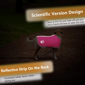 Dog wearing a pink reflective coat with text about scientific design and safety features at Pet Servo