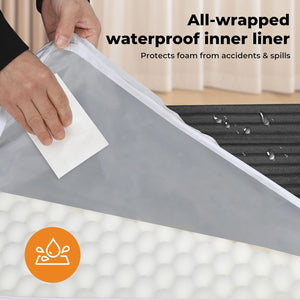 Person holding a gray all-wrapped waterproof inner liner with text and water droplet icon at Pet Servo