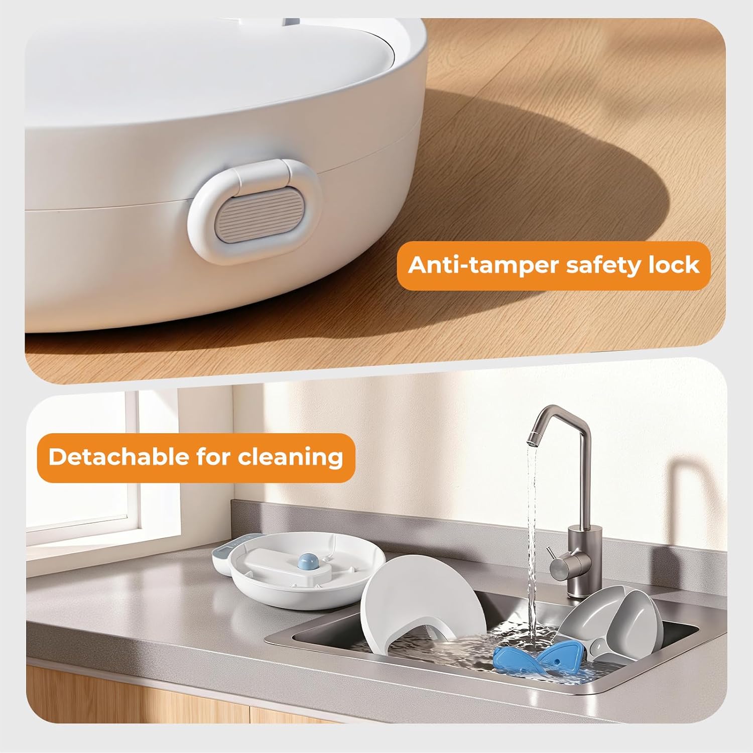 White appliance with anti-tamper safety lock on a wooden surface, and a kitchen sink scene with detachable cleaning feature at Pet Servo