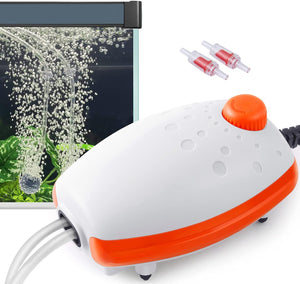 Aquarium air pump with hoses and nozzles next to an aquarium with water flowing at Pet Servo