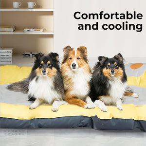 Three long-haired dogs sitting side by side on a yellow and gray pet bed in a bright room, with the text 'Comfortable and cooling' in the top right corner at Pet Servo