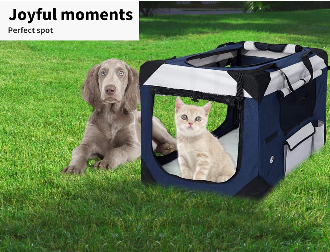 Pet carrier with a dog and cat inside on grass, labeled 'Joyful moments Perfect spot' at Pet Servo