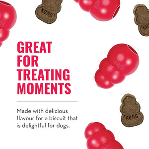 Red KONG dog toys with brown treats on a white background, featuring text about treats for dogs at Pet Servo