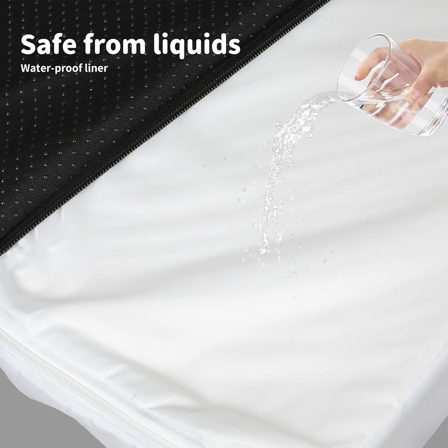 Waterproof liner being tested with a glass of water being poured onto it at Pet Servo