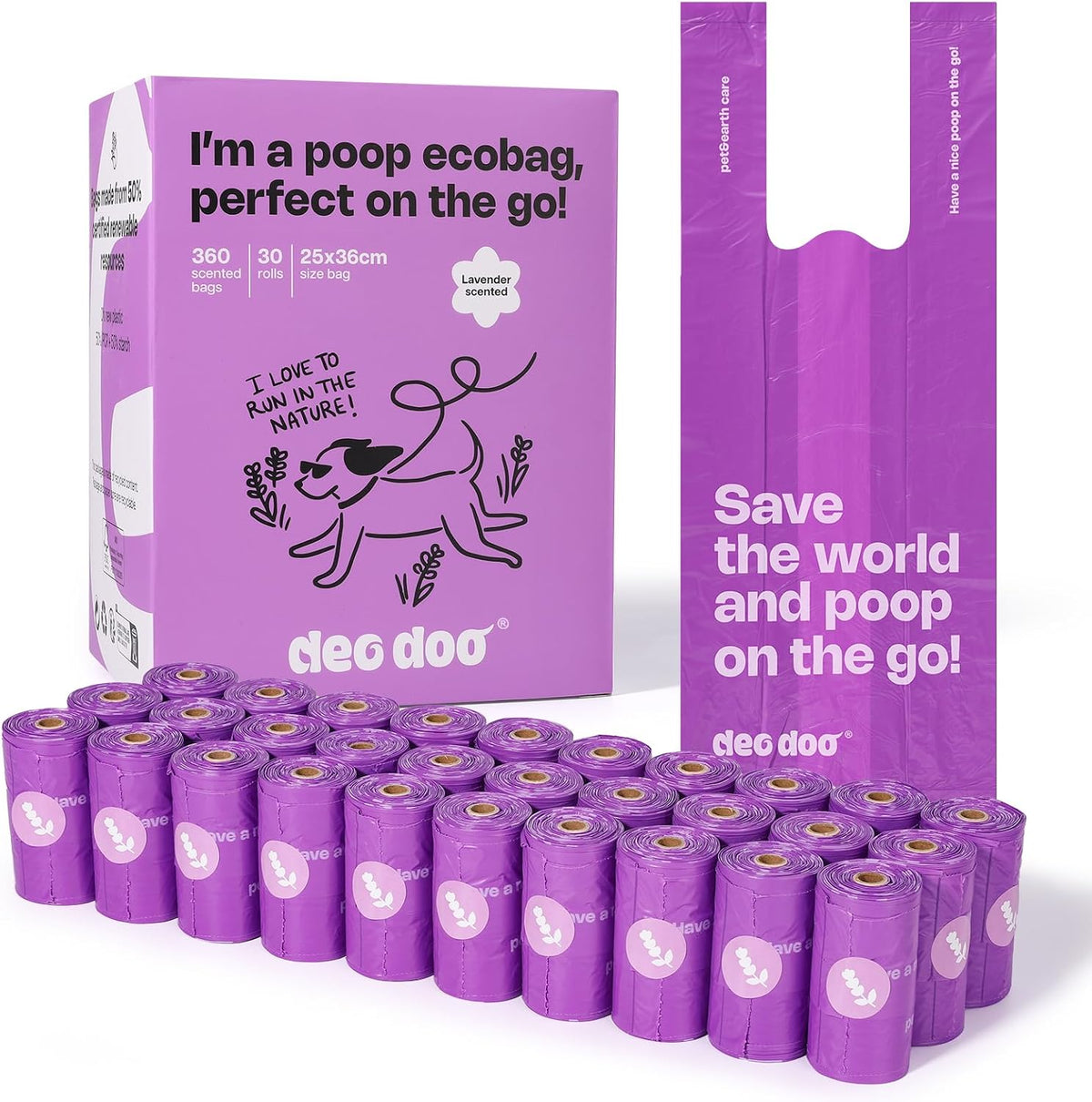 A box of Deo Doo lavender dog poop ecobags shown with multiple purple rolled bags arranged in front and one standing bag on the right, all on a white background at Pet Servo