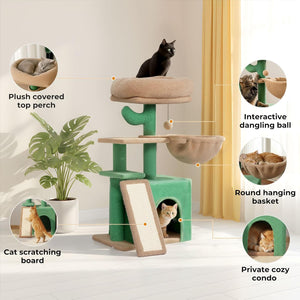 Cat tree with various features and cats interacting with it in a home setting at Pet Servo
