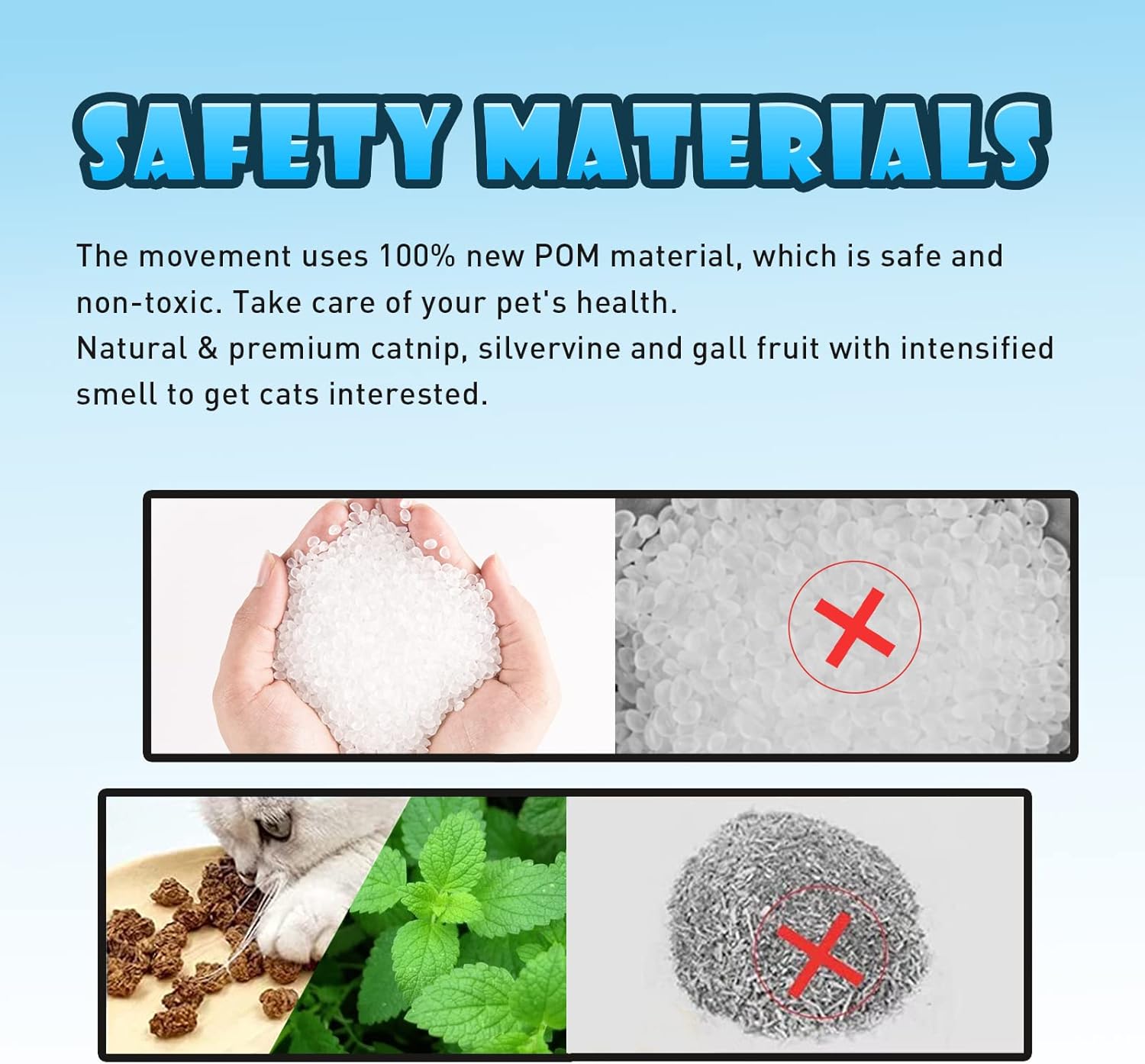 Advertisement for safety materials with text and images of hands holding white powder, a red 'X' symbol, and catnip at Pet Servo