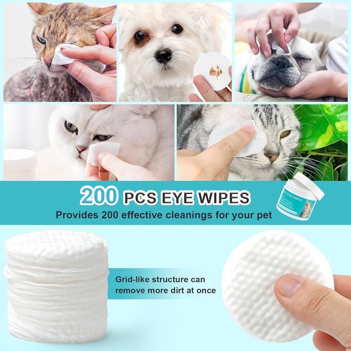 A collage-style product listing for pet eye wipes. The top row shows several pets—cats, a dog, and a bulldog—with a hand wiping their eyes using round white wipes at Pet Servo