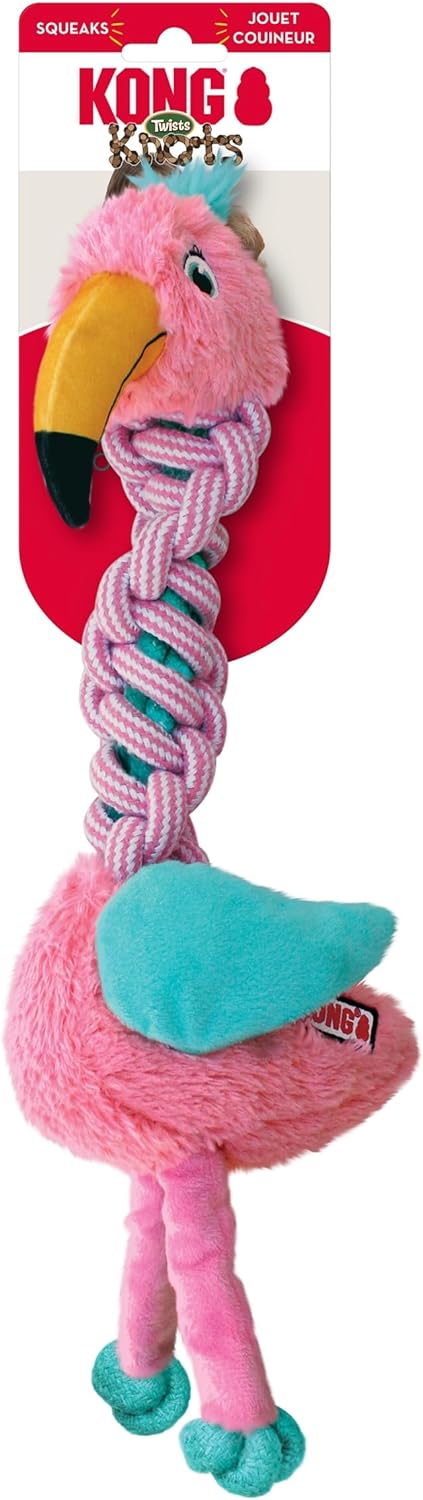 Kong Jost Combater plush firebird toy in pink with a yellow beak, teal wing and feet, attached to a braided neck strap, shown on its retail card at Pet Servo