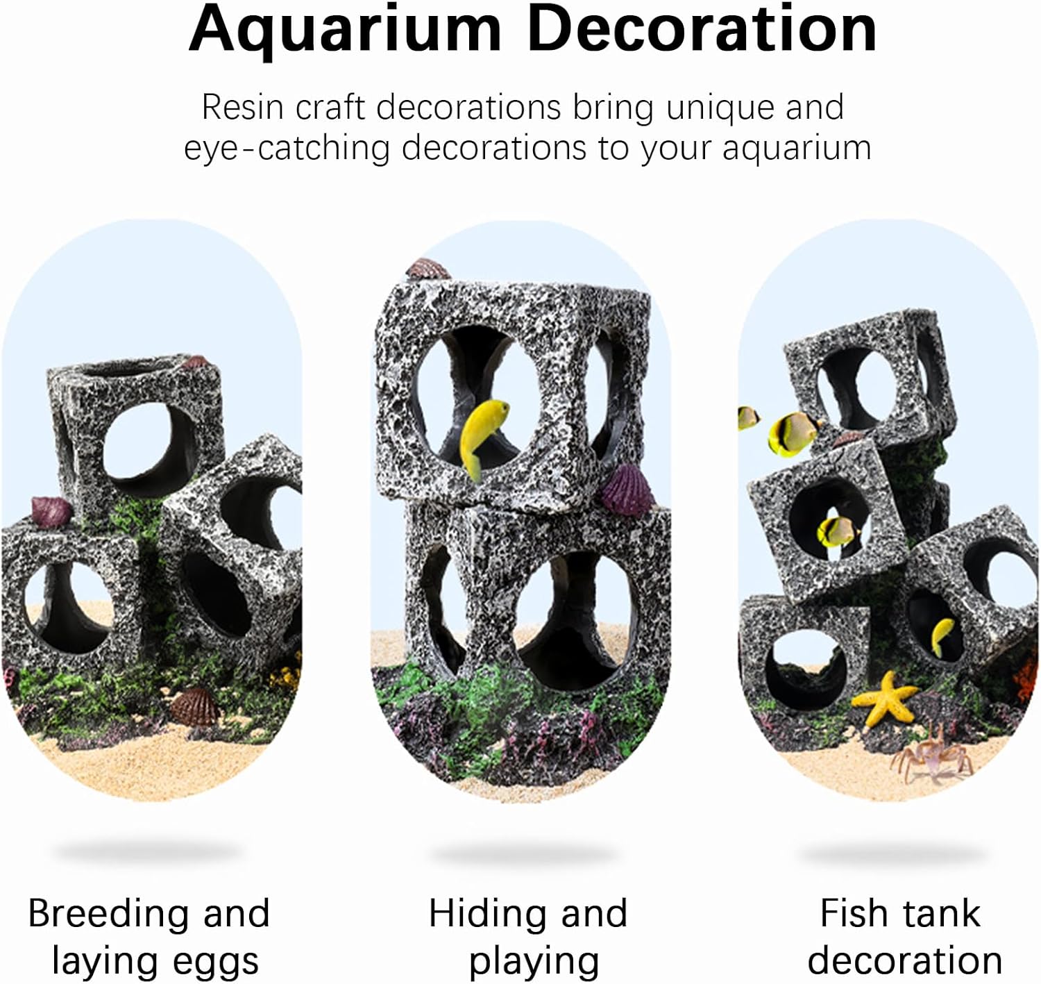 Resin aquarium decorations with text explaining their uses at Pet Servo