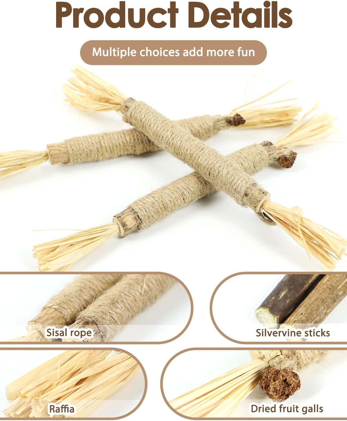 Cat toy with sisal rope, silvervine sticks, raffia, and dried fruit galls on a white background at Pet Servo