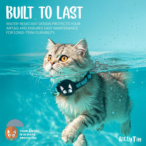 A fluffy gray cat swimming underwater in turquoise water, wearing a black and blue Kitty Tag airtag collar. The image features marketing text overlays reading 'BUILT TO LAST' and 'YOUR AIRTAG IS ALWAYS PROTECTED' along with the Kitty Tag logo at Pet Servo