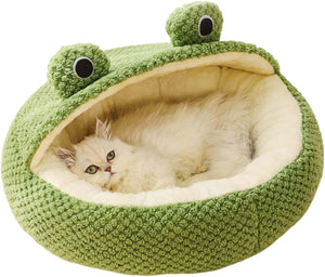 Green frog-shaped pet bed with a cat inside on a white background at Pet Servo