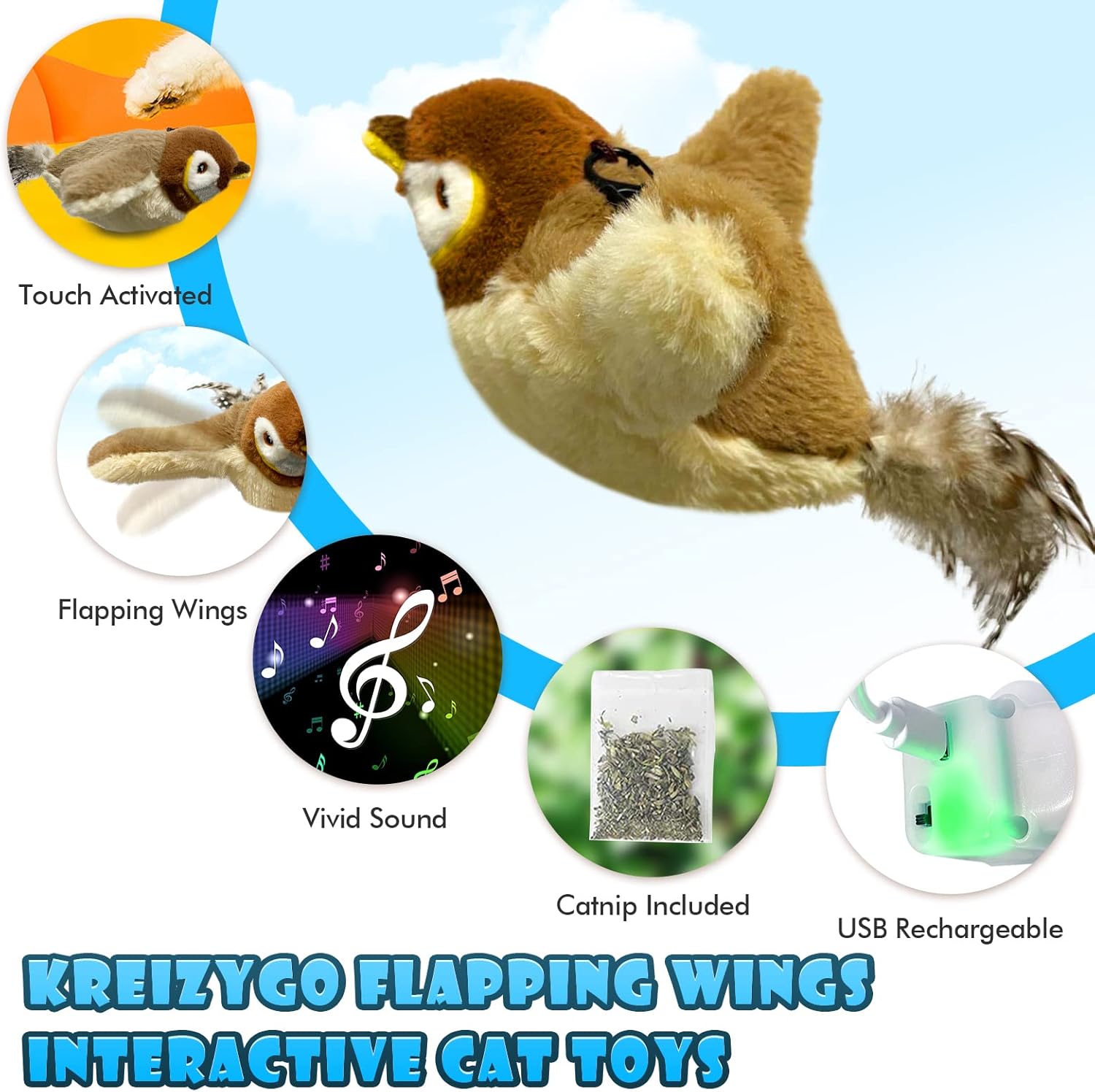 Interactive cat toy with flapping wings and features listed on a blue background at Pet Servo