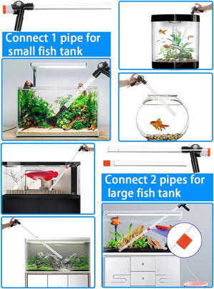 Collage of an aquarium cleaning tool with text indicating pipe connection for small and large fish tanks at Pet Servo