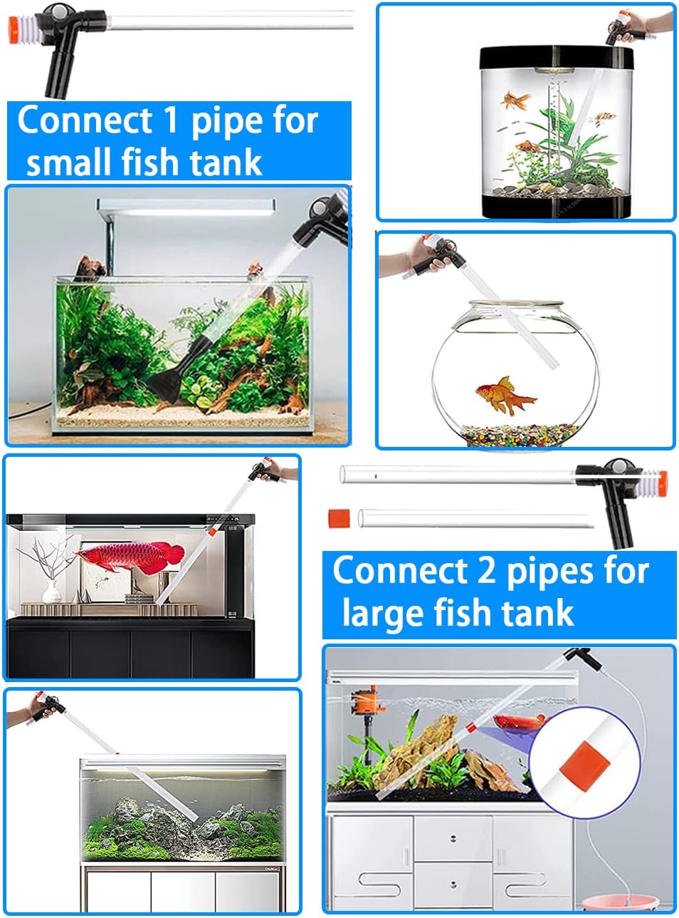 Collage of an aquarium cleaning tool with text indicating pipe connection for small and large fish tanks at Pet Servo