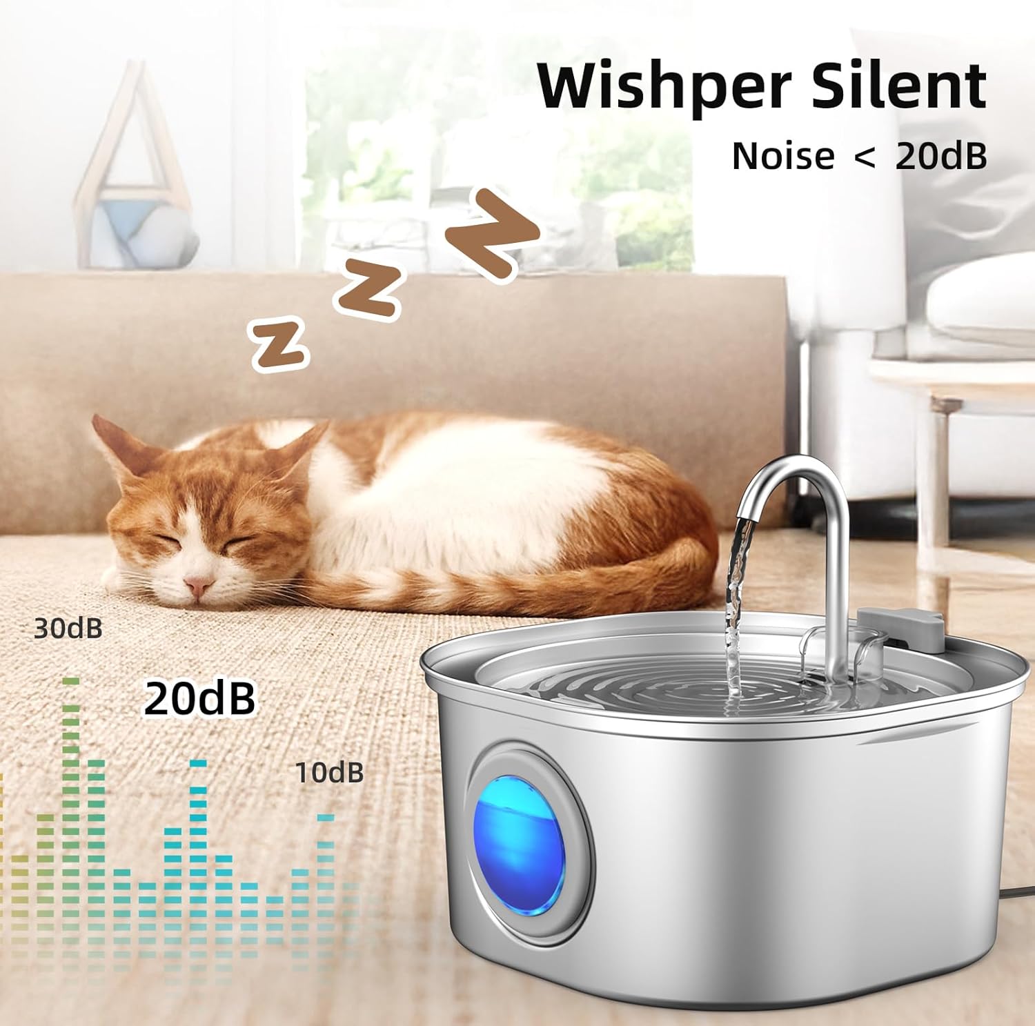 Pet water fountain with a cat sleeping on a couch, indicating a whisper-silent operation at Pet Servo