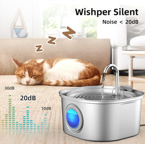 Pet water fountain with a cat sleeping on a couch, indicating a whisper-silent operation at Pet Servo