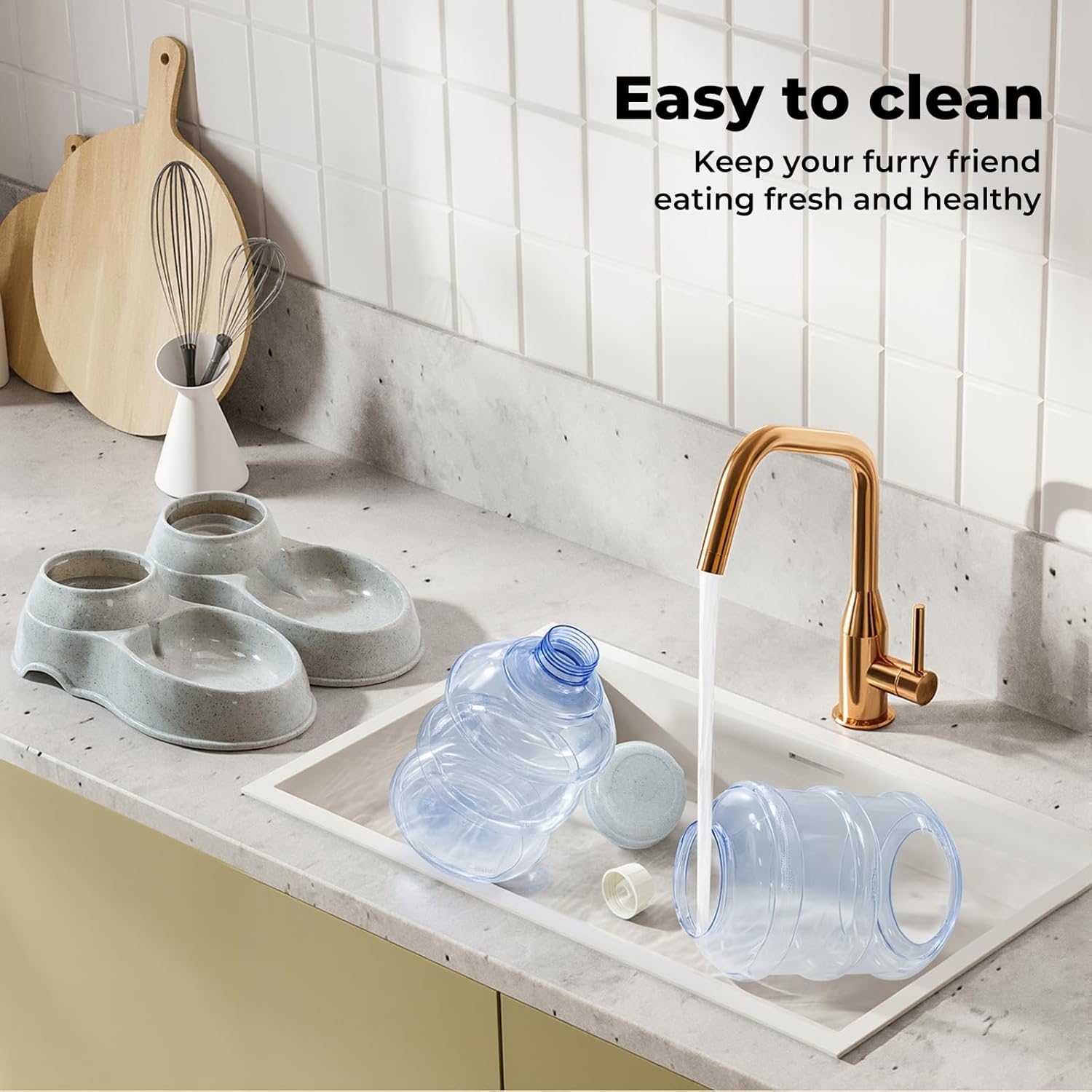 Dog water bottles being washed in a kitchen sink with text about easy cleaning at Pet Servo