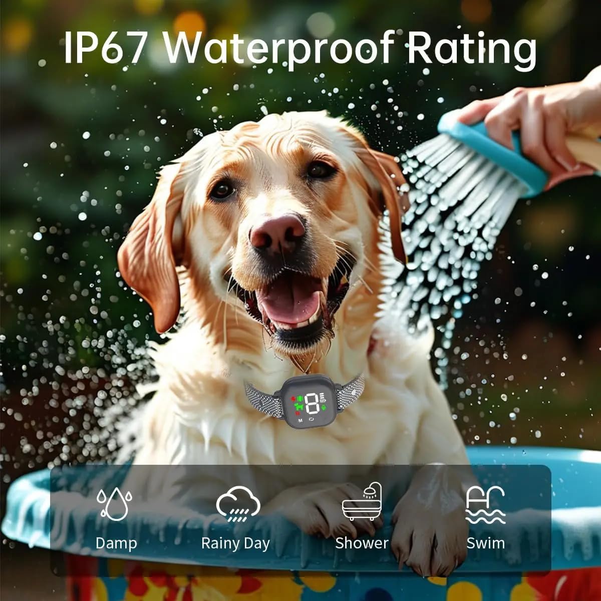 Dog being washed with a water hose, wearing a smart dog collar with IP67 waterproof rating text at Pet Servo
