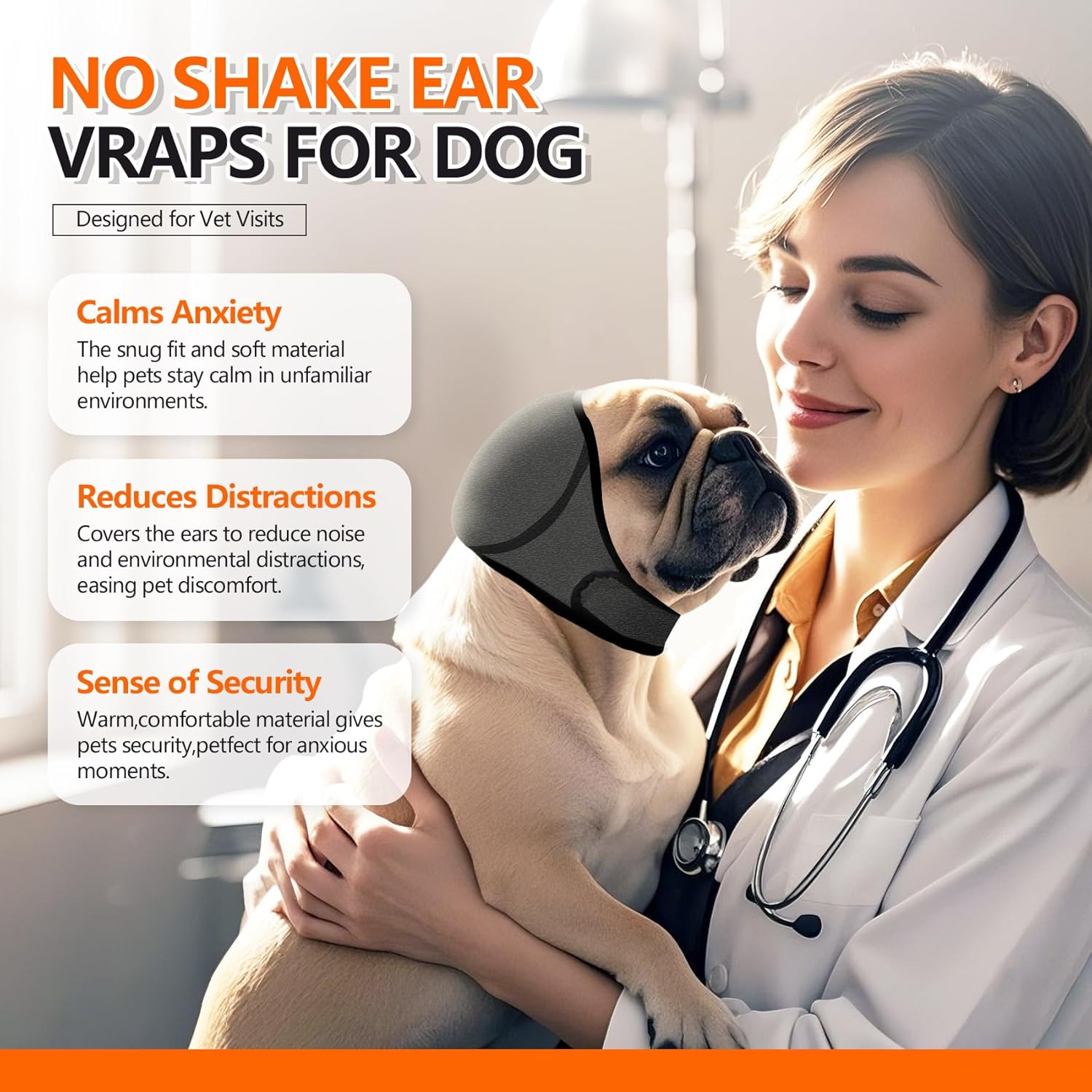 Woman holding a dog wearing a no shake ear wrap with product features highlighted at Pet Servo