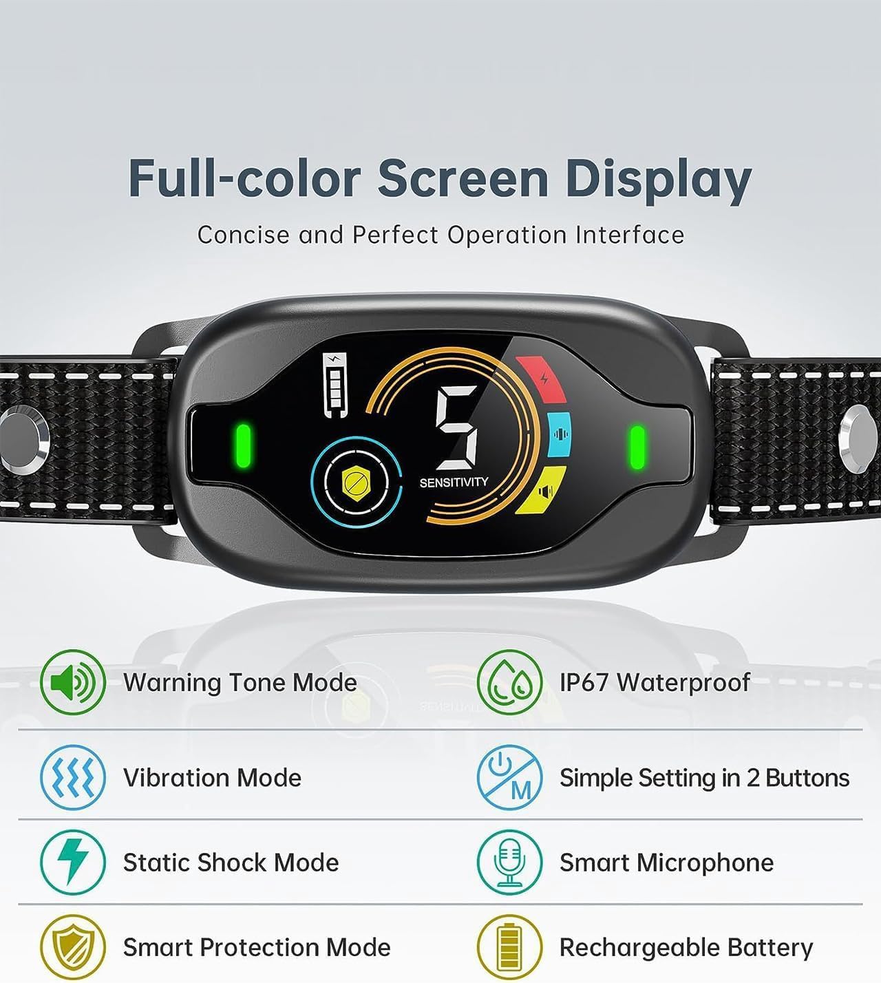 Dog collar with a full-color screen display and feature icons on a gray background at Pet Servo