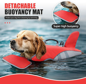 Dog wearing a red detachable buoyancy mat in water with text highlighting features at Pet Servo