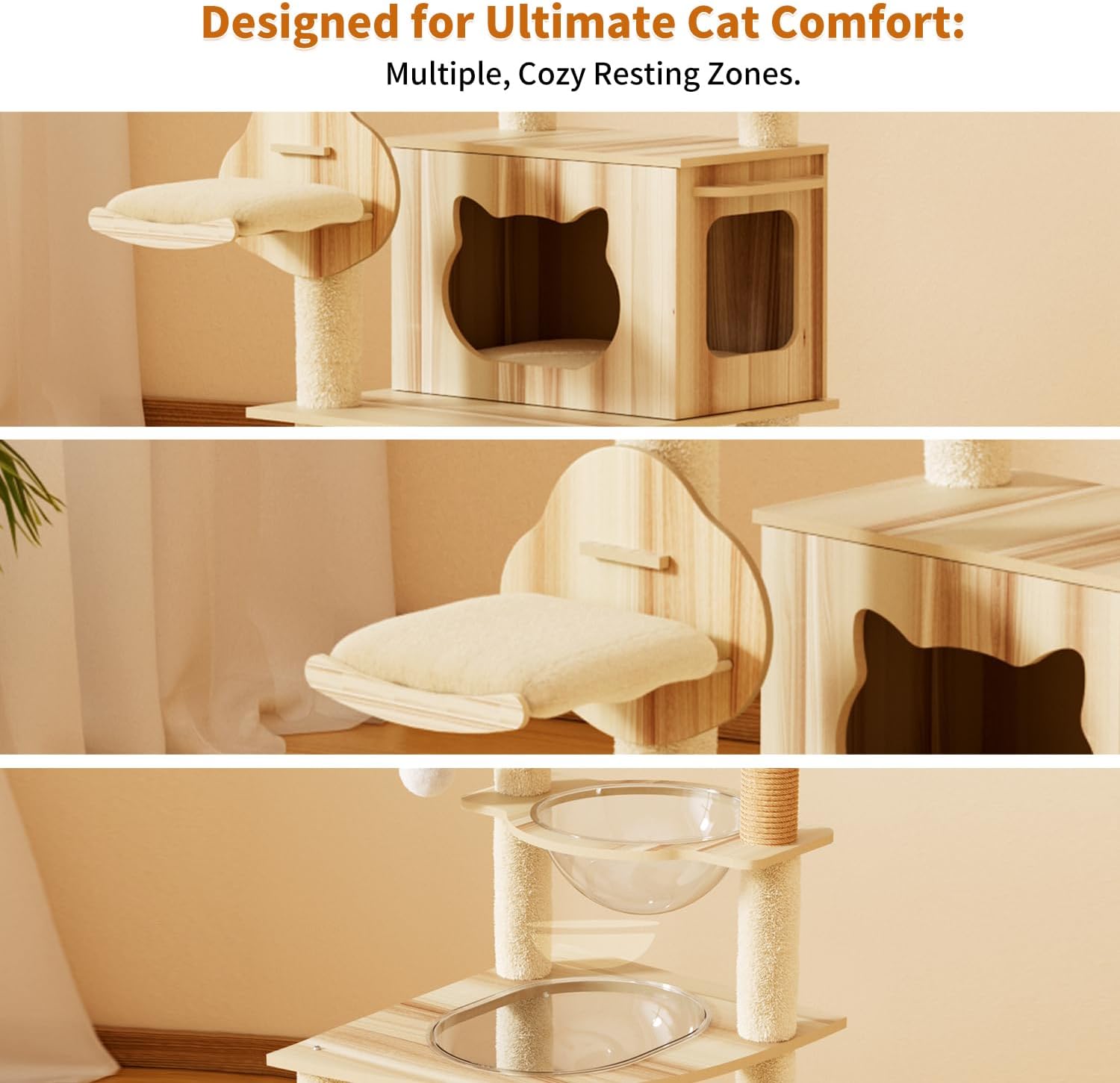 Cat tree with multiple resting zones designed for comfort at Pet Servo