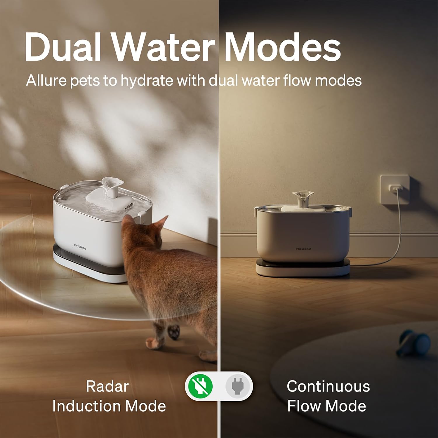 Pet water fountain with dual water flow modes and a cat interacting with it.
