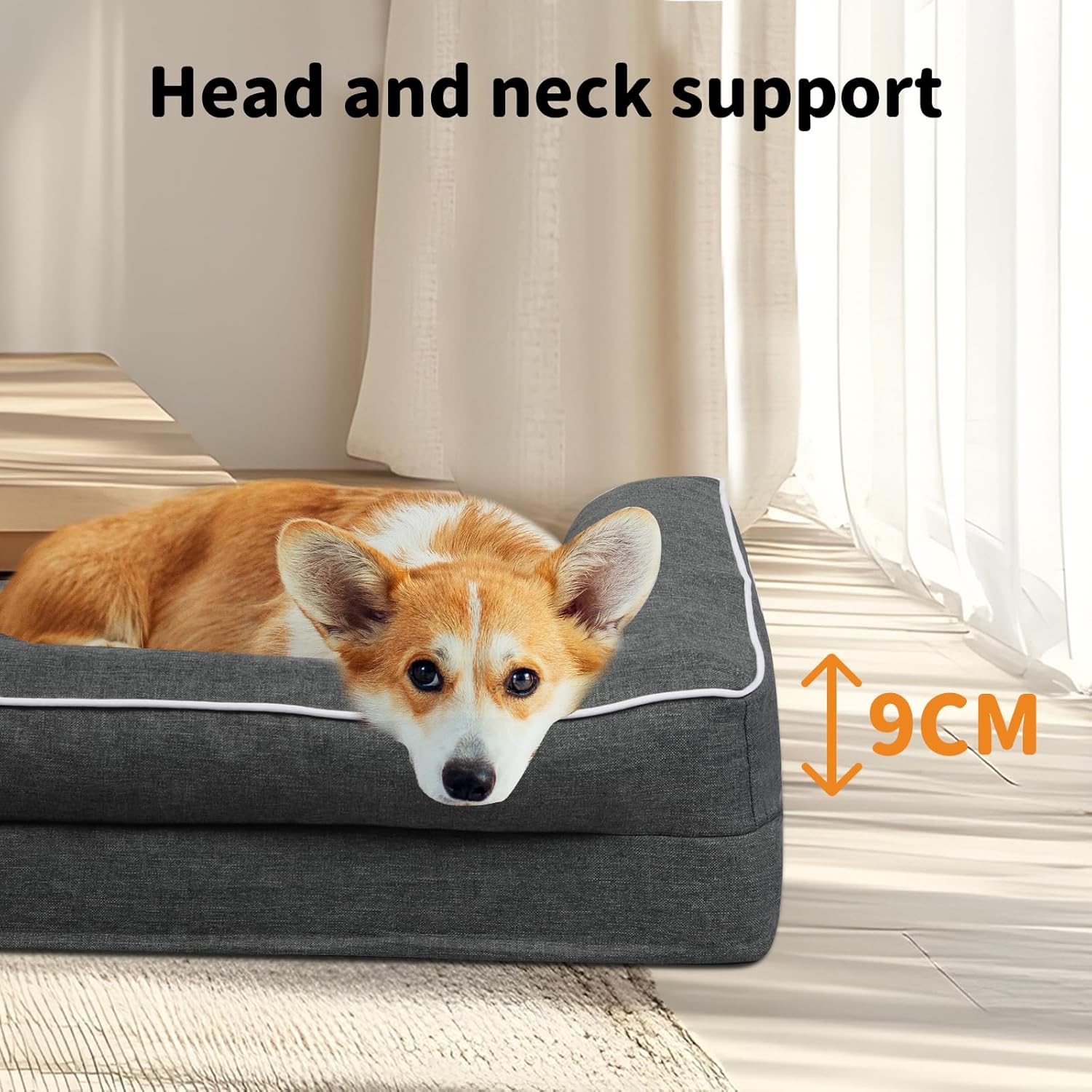Dog lying on a gray pet bed with text 'Head and neck support' and measurement '9CM' at Pet Servo