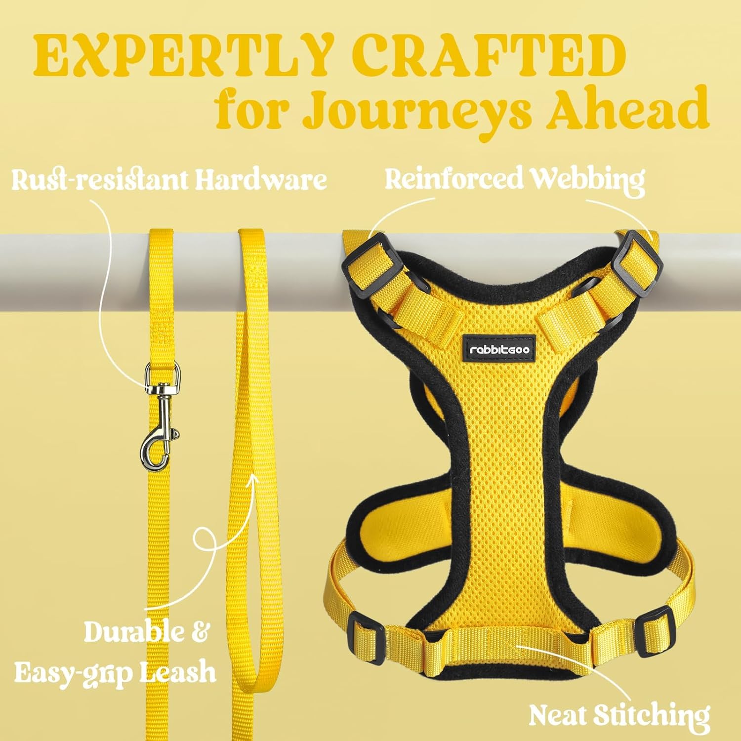 Yellow dog harness and leash set with text highlighting features on a beige background at Pet Servo