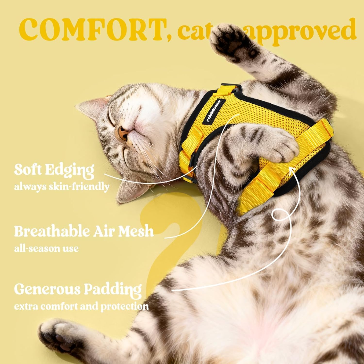 Cat wearing a yellow harness with text highlighting features on a yellow background at Pet Servo