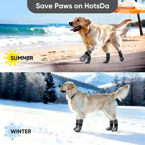 Dog wearing boots on a beach with 'Summer' text and in the snow with 'Winter' text, featuring HotsDa brand at Pet Servo