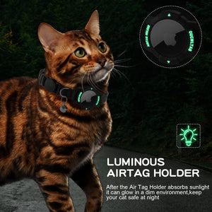 Cat wearing a luminous air tag holder with glowing green lights on a dark background at Pet Servo