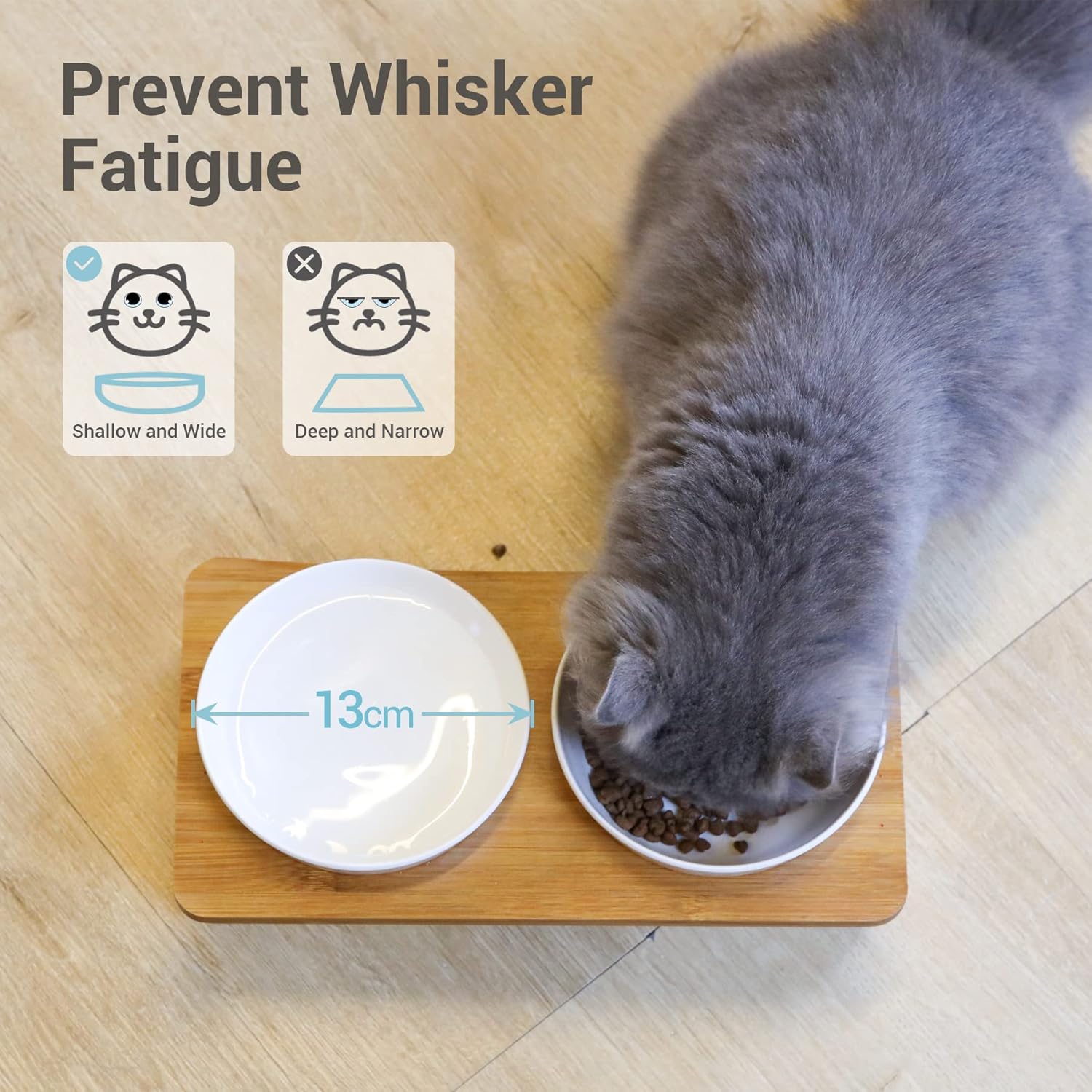 Cat eating from a shallow and wide bowl on a wooden floor with text about preventing whisker fatigue at Pet Servo