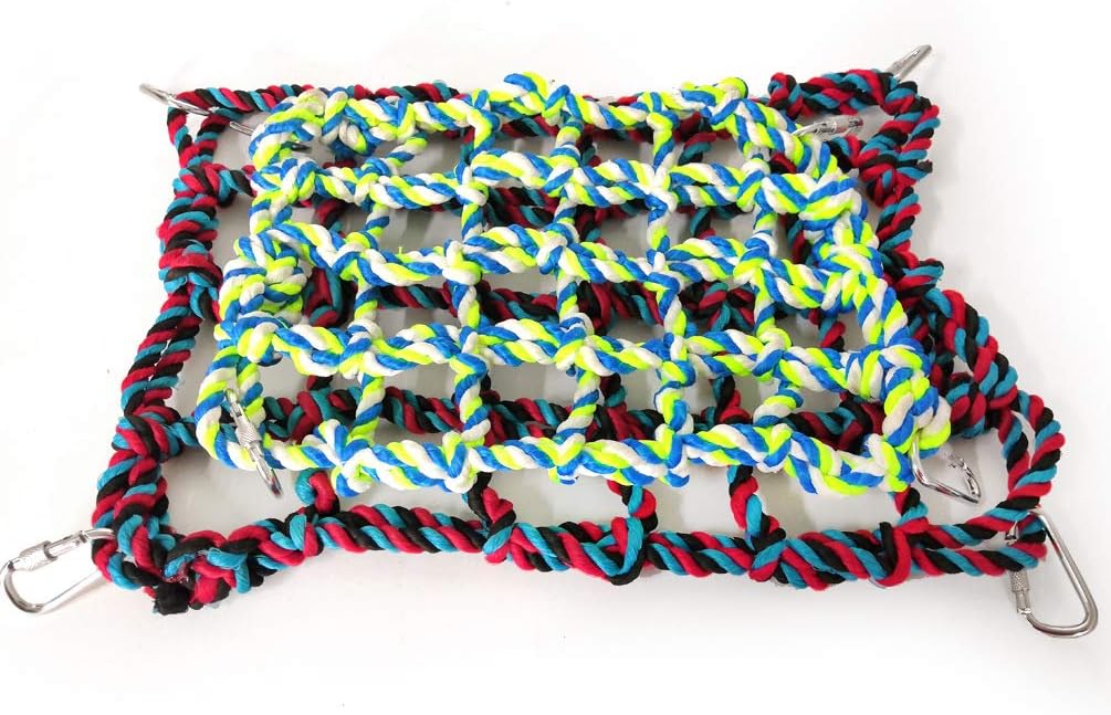 Colorful braided rope grid with metal hooks on a white background at Pet Servo