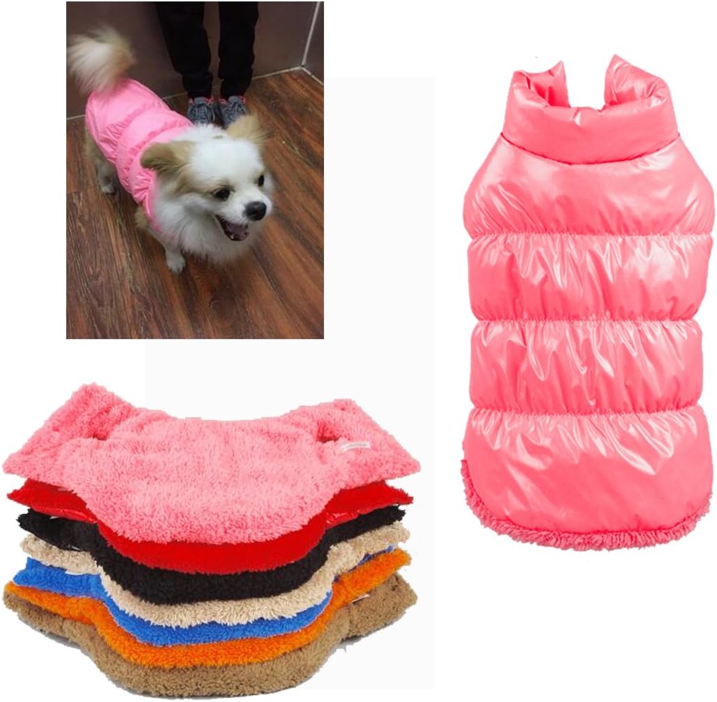 Pink dog puffer jacket with a stack of colorful fabric underneath on a white background at Pet Servo