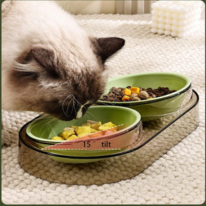 A cat with cream and brown fur is shown eating from a green pet feeder bowl on a textured cream rug. The feeder has a clear plastic base and a second green bowl behind it containing dry cat food and wet food at Pet Servo