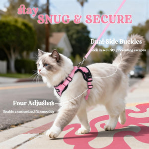 Cat walking on a leash with a pink harness, text 'Stay Snug & Secure' and product features at Pet Servo