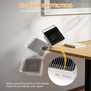 Three white and black square wall-mounted fuse holders are shown on a wall beside a wooden desk, with text explaining tip-over protection and a circular inset showing the safety probe at the bottom of the fuse cage.