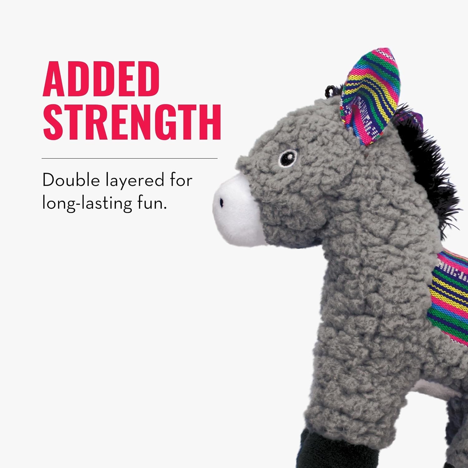 Gray donkey-shaped toy with a colorful bow on a white background, labeled 'Added Strength' at Pet Servo