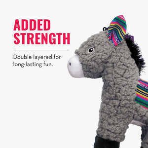 Gray donkey-shaped toy with a colorful bow on a white background, labeled 'Added Strength' at Pet Servo