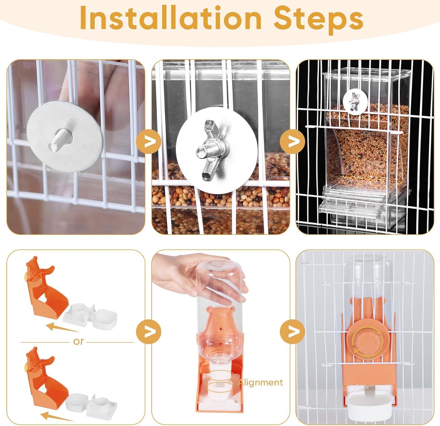 Step-by-step installation guide for a pet cage accessory with images and text at Pet Servo