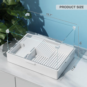 White pet cage with transparent lid on a light surface, against a blue wall with plant shadows at Pet Servo